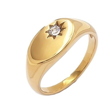 Gold Starburst Signet Ring with CZ – Plus Sizes 10–12