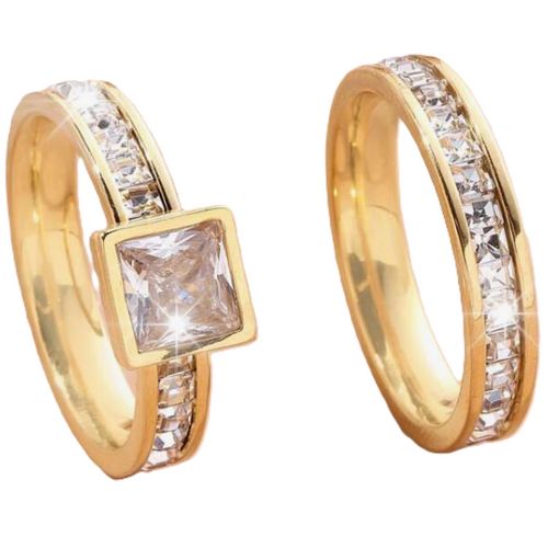 Princess Cut CZ Bridal Ring Set – Gold Plated Stainless Steel