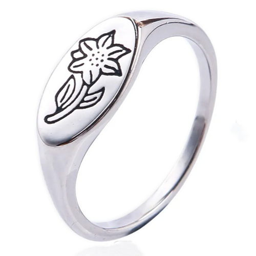 Flower Engraved Signet Ring - Silver Stainless Steel