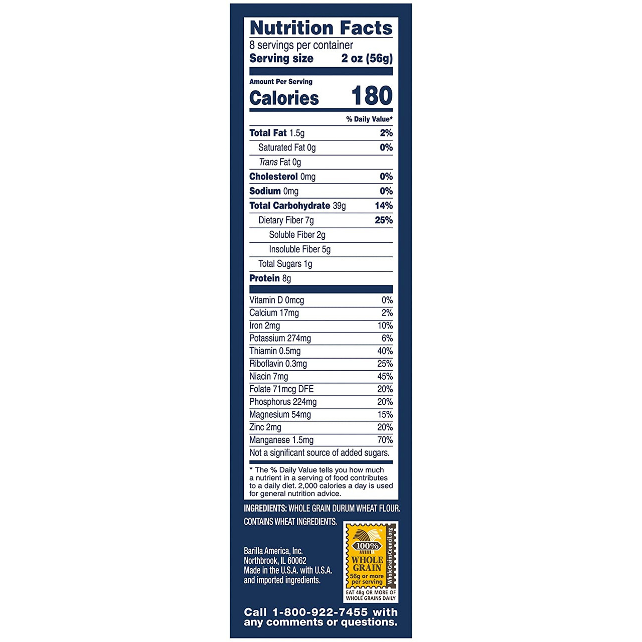 whole grain pasta nutrition label