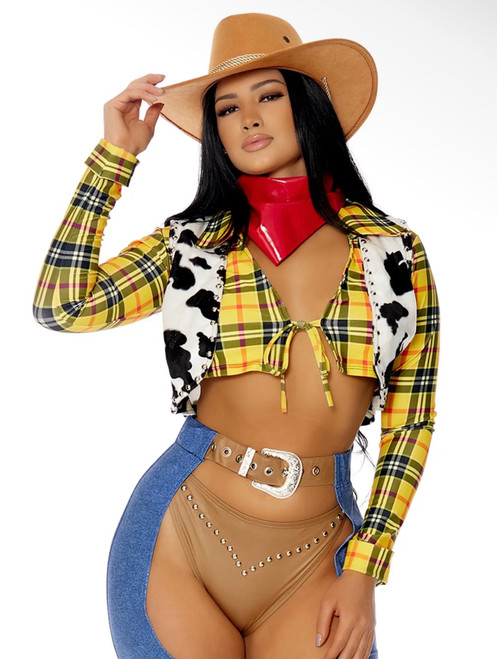 SIX PIECE SEXY PLAYING MOVIE FAVORITES COSTUME FEATURES A PLAID COLLARED LONG SLEEVE CROP TOP WITH FRONT TIE CLOSURE & STUDDED PANTY & COW PRINT STUDDED CROPPED VEST PAIRED WITH WESTERN BUCKLE BELT & DENIM PRINT CHAPS & VINYL BANDANA!
