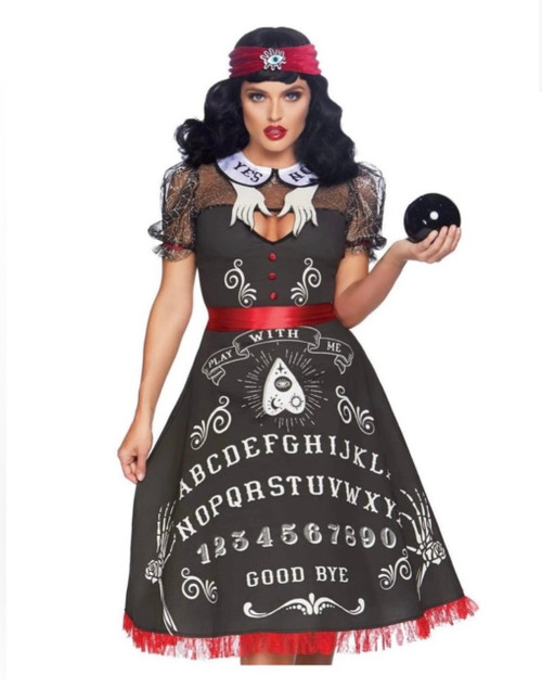 LET THE SPIRITS REACH OUT FROM THE GRAVE TO TELL YOU HOW BEAUTIFUL YOU ARE IN THIS TWO PIECE QUIJA QUEEN COSTUME! FEATURING A DELUXE COTTON SWING DRESS WITH ELABORATE PRINTED QUIJA BOARD DETAIL, HAND COLLAR ACCENT, RIBBON TIE BACK & MATCHING ALL SEEING EYE HEADBAND!