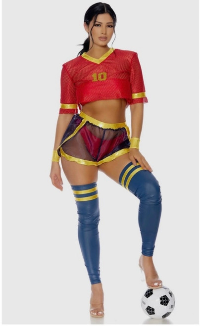 SEVEN PIECE SEXY SOCCER PLAYER COSTUME FEATURES CROPPED JERSEY MESH TEE WITH METALLIC GOLD ACCENTS & MATCHING SOLID BANDEAU TOP & PANTY PAIRED WITH SHORTS WITH TULIP SIDE HEMS & STRIPED LEG ACCESSORIES ALONG WITH WRISTLETS & SCRUNCHIE!