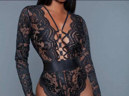 RAMONA BODYSUIT IS A SULTRY COMBINATION OF DELICATE LACE WITH A TWIST OF METAL RINGS & A CAGE DESIGN!