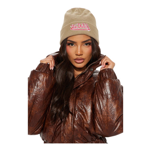 New Von Dutch Retro Logo Beanie Hat - Taupe