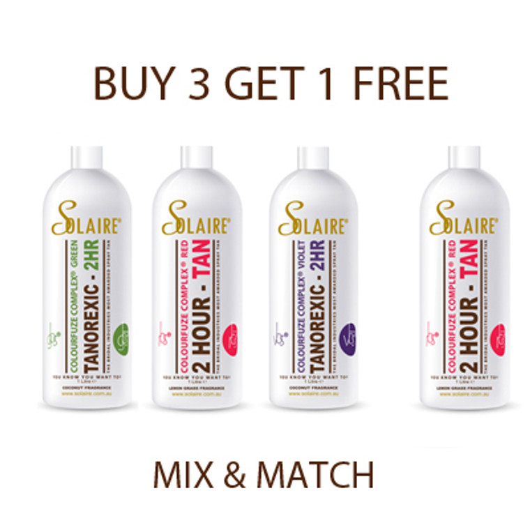 BUY ANY 3 Solaire® Dry Oil 10 Minute Solution, Tanorexic - 2 HR - COLOURFUZE COMPLEX® or Solaire® 2 HOUR - COLOURFUZE COMPLEX® Red - RBS® - GET 1 FREE