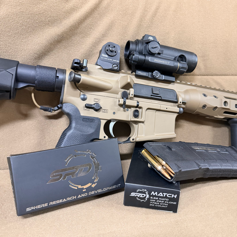 Sphere R&D 5.56 NATO 77gr OTM match-grade ammunition and packaging