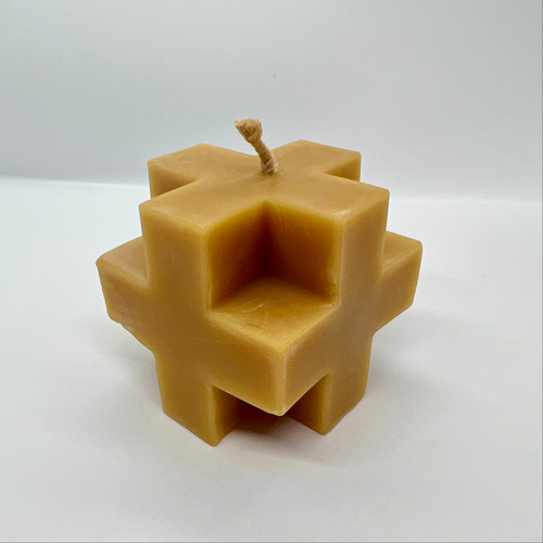 Natural Beeswax Cross Shaped Pillar Candle 2.5” x 2.5” | Handcrafted Pure Beeswax Pillar