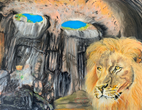 Pastel on paper drawing of a lion resting in a cave; a gold crown is laid on top of a rock formation.