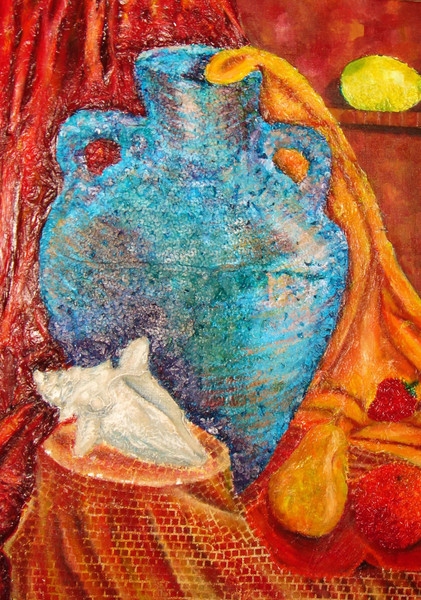 Mix media art piece of an Amphora and fruit