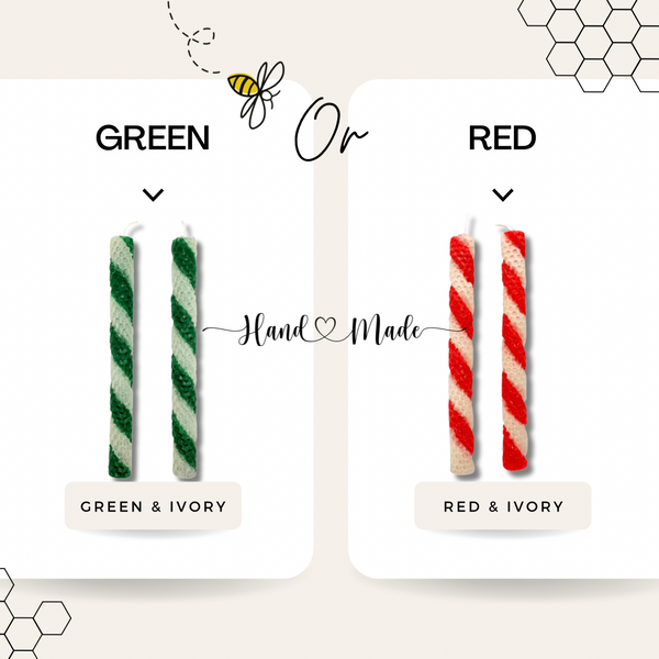 Peppermint Candy Cane Taper Candles made from natural 100% beeswax honeycomb hand-rolled around cotton wick and scented with peppermint essential oil; available in two variations: red and white stripe color or green and white stripe color tapers.