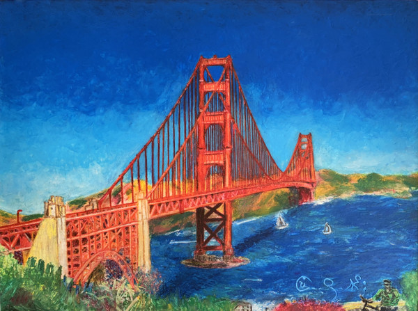 Pastel sketch of Golden Gate Bridge in San Francisco, CA