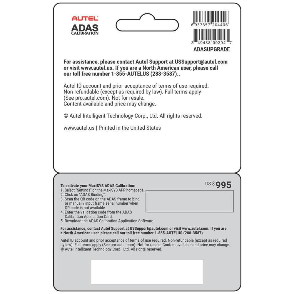 Autel ADASUPGRADE ADAS Software Upgrade