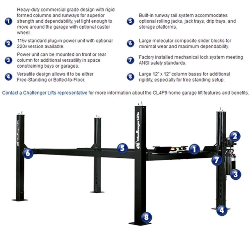 Challenger CL4P9S 4 Post Storage/Service Lift 9,000 ALI Cert.