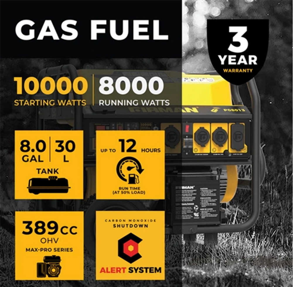 Firman P08013 10000W Remote Start Gas Portable Generator w/Co Alert