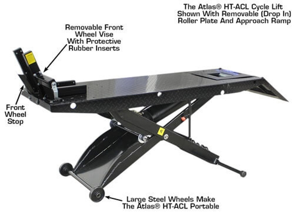 Atlas® HT-ACL Cycle Lift 1,000 lbs w/Drop In Rear Wheel Roller Plate