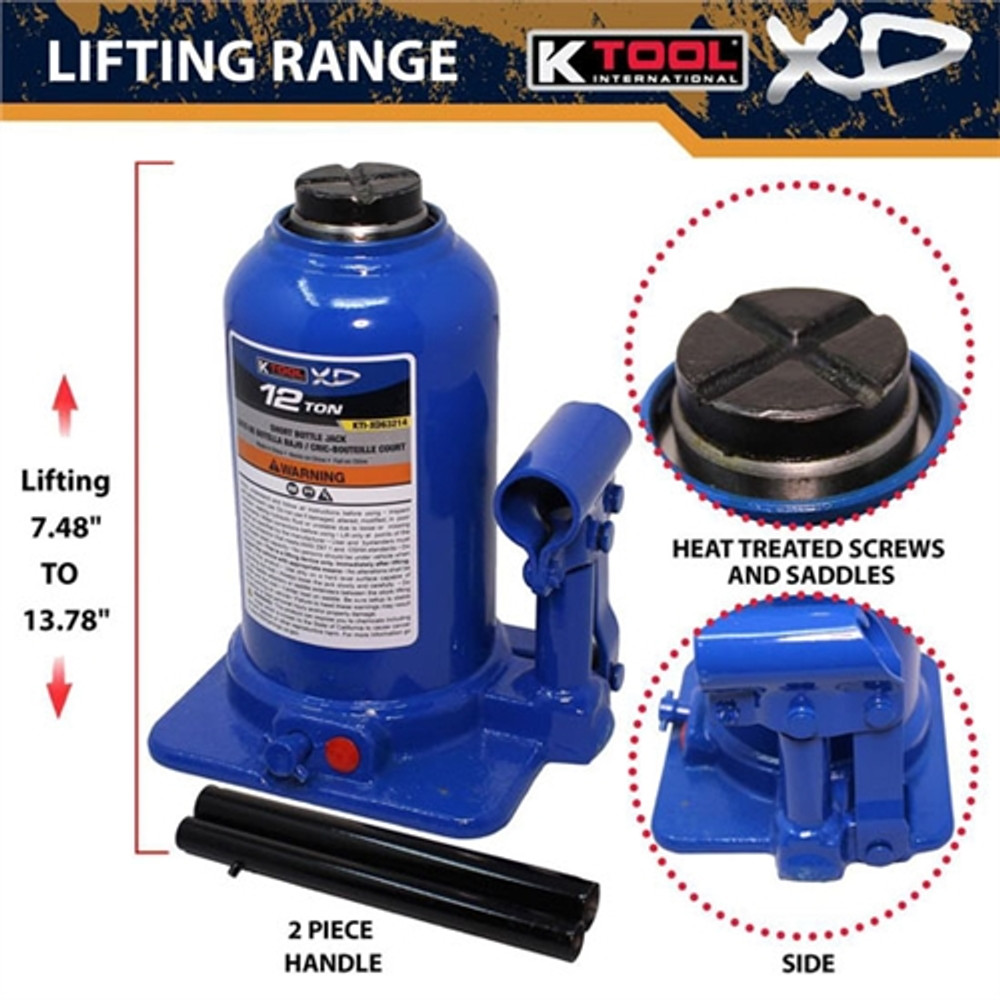 K Tool XD63214 12 Ton Short XD Bottle Jack - Welded