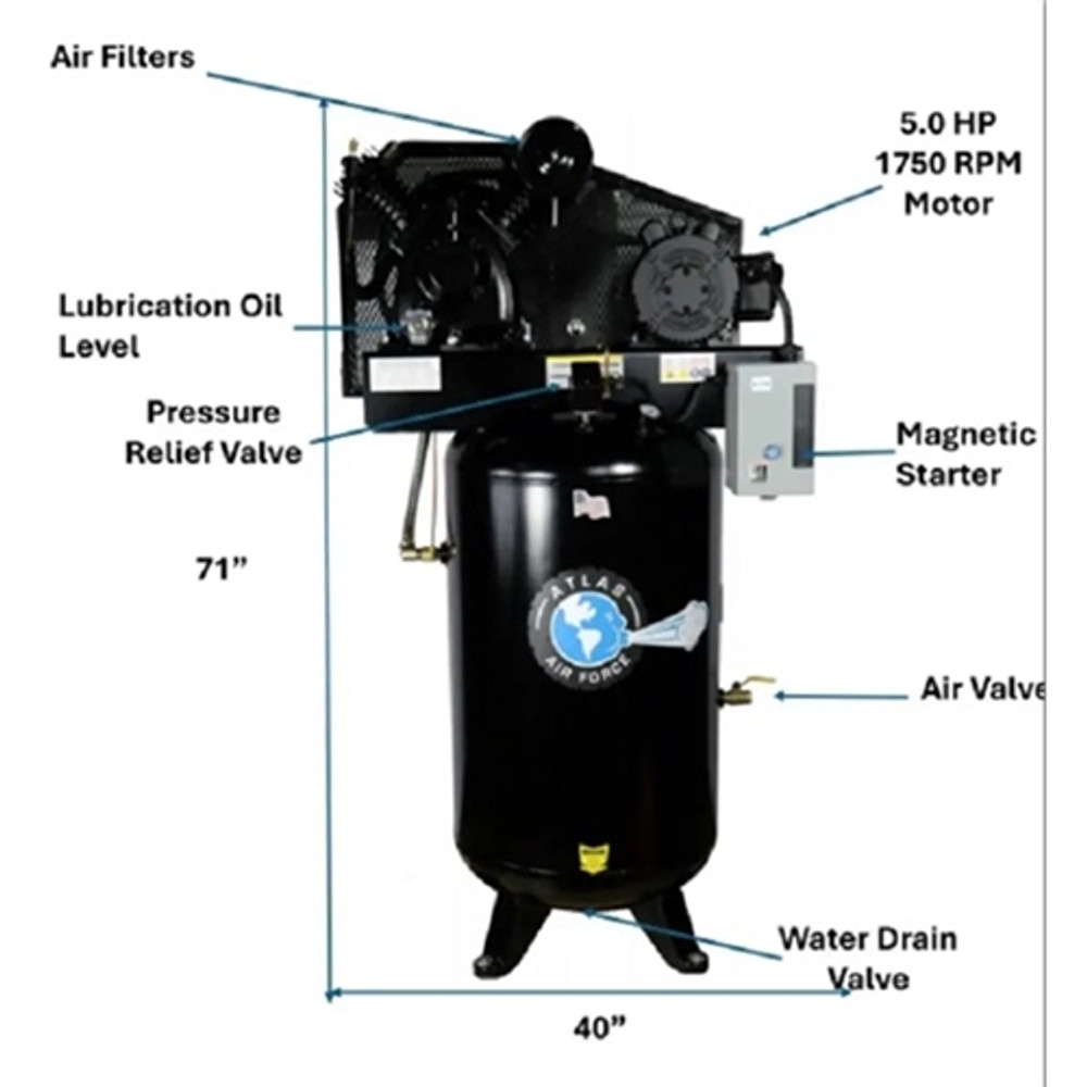 Atlas® MPAF8 Two Stage Single Phase 80 Gallon 5HP Commercial Air Compressor  w/Mag Starter