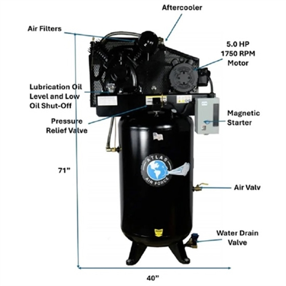 Atlas® MPAF8P Two Stage Single Phase 80 Gallon 5HP Commercial Air Compressor  w/Plus Package