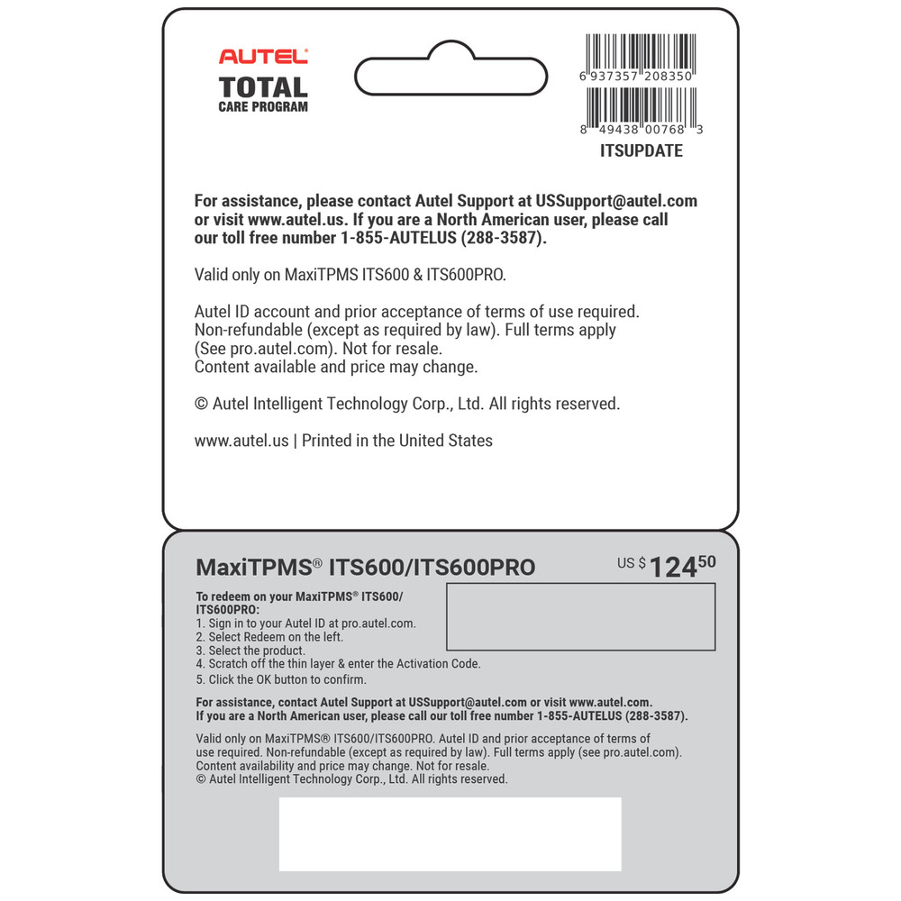Autel ITSUPDATE Total Care Program Card