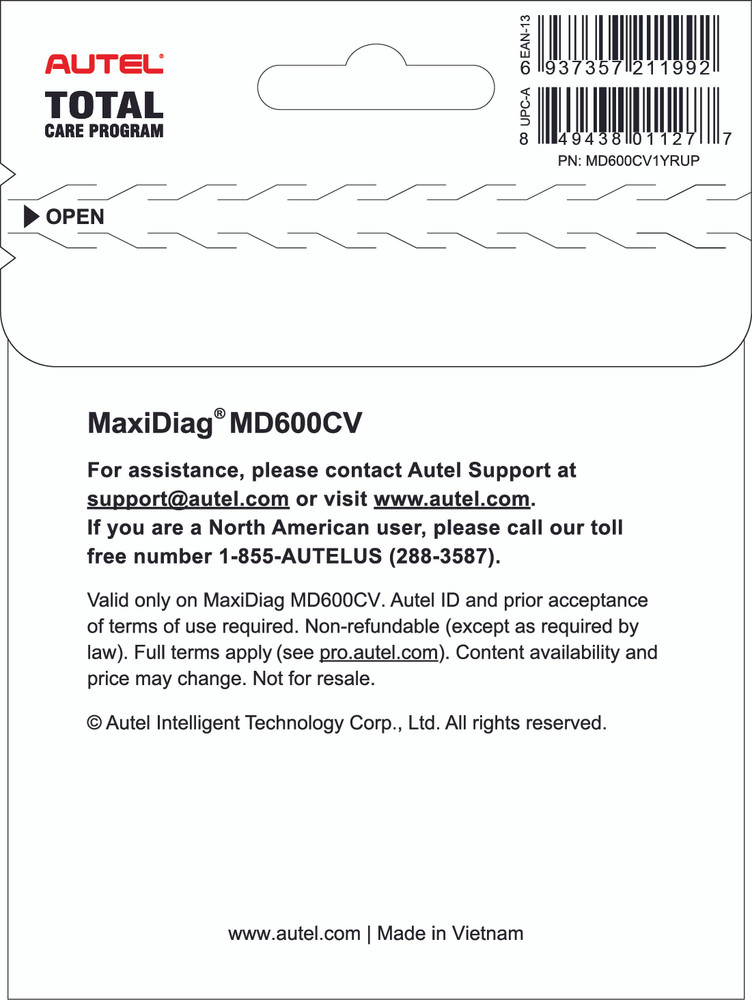 Autel MD600CV Total Care Program Card