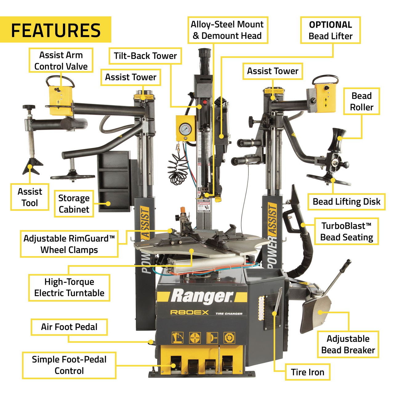 R80EX Tilt Back Dual-Tower Assist Tire Changer w/ 34in