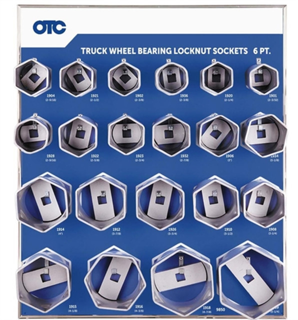 OTC 9850 21 Pc. 6 Point Truck Wheel Bearing Locknut Sockets w/Tool Board OTC 9850 21 Pc. 6 Point Truck Wheel Bearing Locknut Sockets w/Tool Board