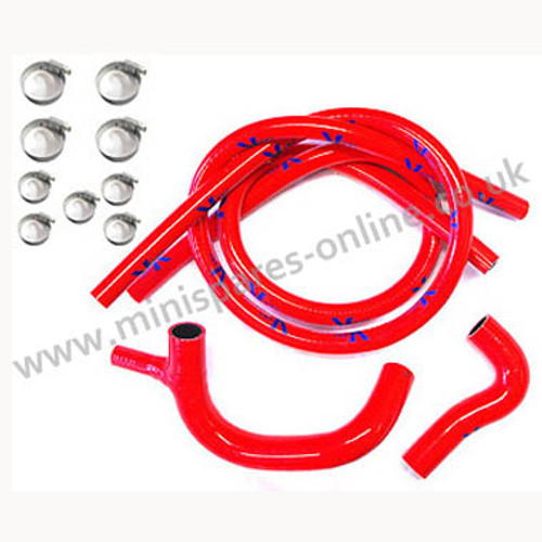 Red Austin Mini Coolant Silicone Hose Kit with clips