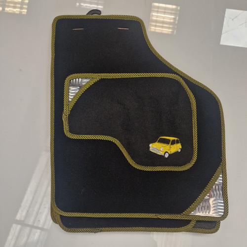 4 Piece Over Mats Set Black/Yellow Edging With Logo & Chequerplate For Classic Mini (M10)