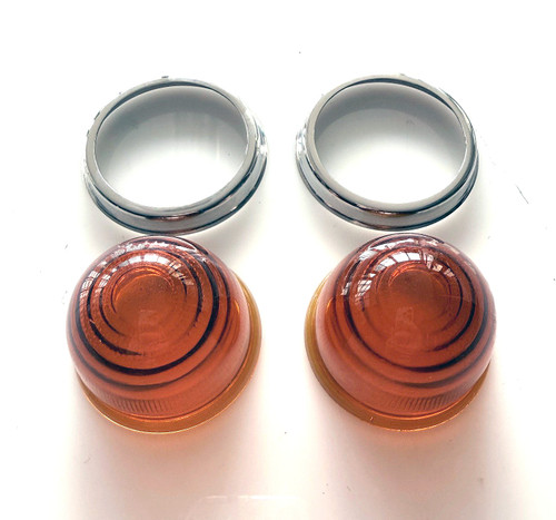 Early Amber Glass Front Indicator Lenses With Stainless Steel Bezels Pair 
