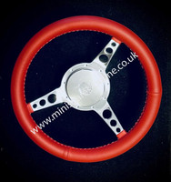 Genuine Red Leather 13" Dished 3 Spoke Steering Wheel with Chrome Boss