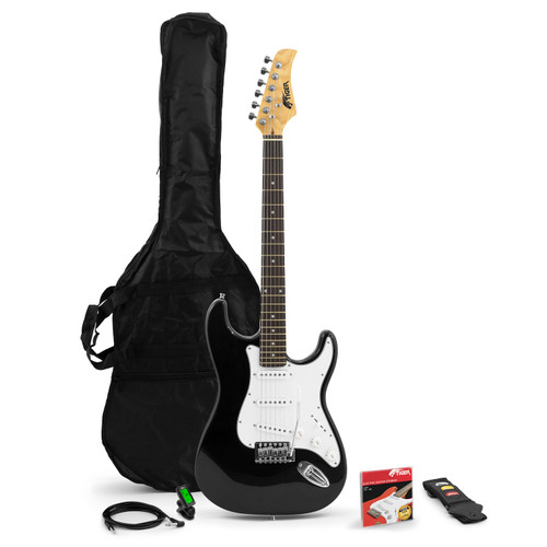 Tiger Beginners Full Size Black Electric Guitar Bundle - Strap, Picks and Bag