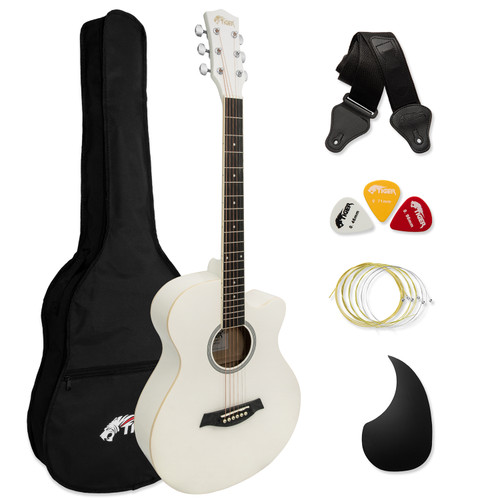 Tiger Full Size Beginners Acoustic Guitar Package, Bag, Strap & Strings - White