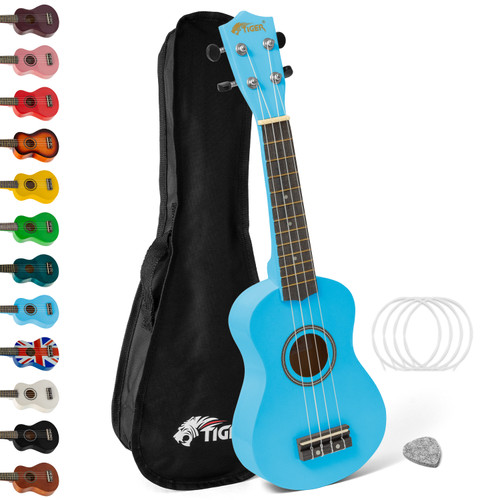 Tiger Soprano Beginners Ukulele with Gig Bag, Felt Pick & Aquila Strings - Blue