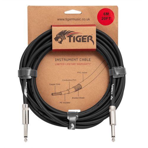 Tiger 6 Metre, 20 Foot - 6.3mm 1/4 Inch Jack to Jack Guitar Instrument Cable 
