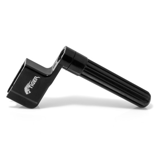 Side profile view of Tiger Guitar String Winder and Peg Puller with ergonomic ribbed handle for fast guitar string changes.