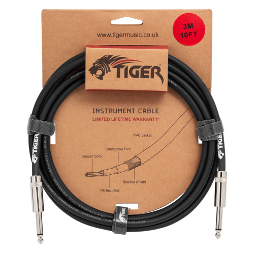 Tiger 3m (10ft) Guitar Instrument Cable Mono Jack to Jack Lead Electric Bass Amp