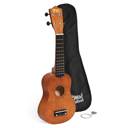 Mad About Natural Wood Left-Handed Soprano Beginners Ukulele Starter Pack including a protective gig bag, spare strings and plectrum. Complete beginner ukulele set for left-handed children, students and first-time players.