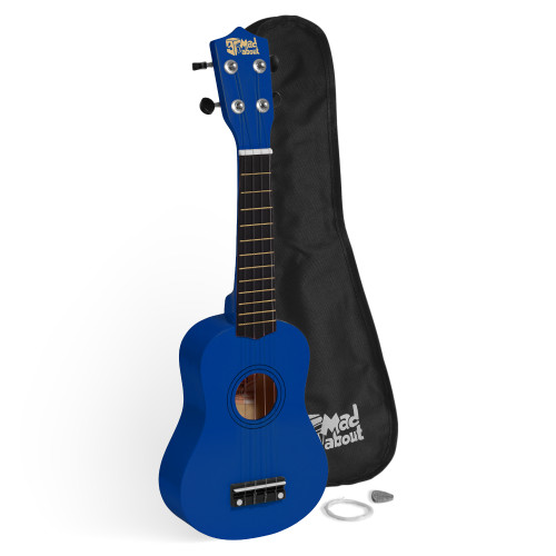 Mad About Blue Soprano Beginners Ukulele Starter Pack including a protective gig bag, spare strings and plectrum. Complete beginner ukulele set for children, students and first-time players.