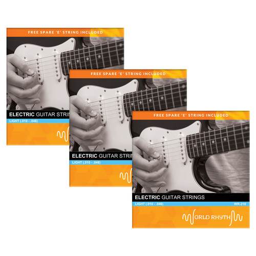 Light Electric Guitar Strings by World Rhythm - .010 - .046 Strings - Pack of 3