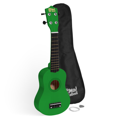 Mad About Green Soprano Beginners Ukulele Starter Pack including a protective gig bag, spare strings and plectrum. Complete beginner ukulele set for children, students and first-time players.