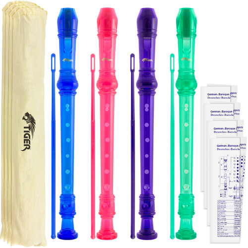 Tiger Pack of 4 Coloured Descant Recorders - With Cleaning Rod & Case