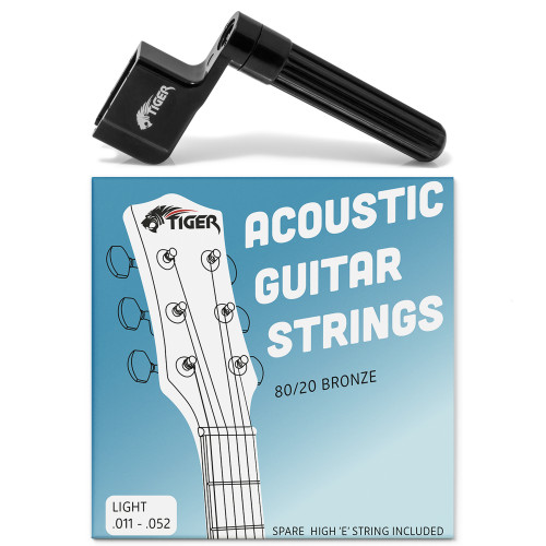 Tiger acoustic guitar strings and string winder pack with 80/20 bronze light gauge strings (.011–.052) and black string winder tool.