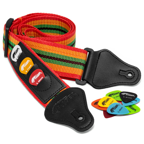 Tiger Reggae Nylon Guitar Strap with Pack of 12 Free Picks
