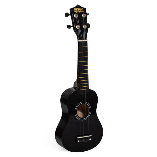 Mad About Black soprano ukulele featuring a compact 21-inch design, carbon strings and geared tuning pegs. Lightweight beginner ukulele ideal for children, students and first-time players.