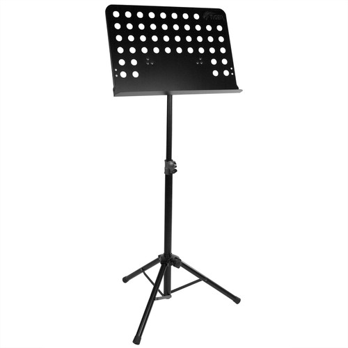 Tiger orchestral music stand in black, fully assembled with adjustable height pole, perforated metal desk and sturdy tripod base.