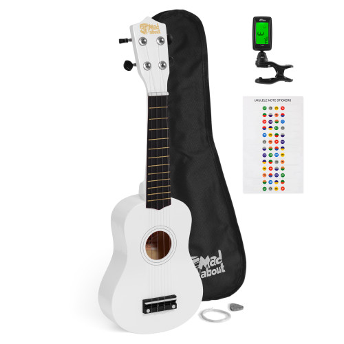 Mad About White Soprano Ukulele Starter Pack including a protective gig bag, clip-on digital tuner, spare strings, plectrum and colourful fretboard note stickers. Complete beginner ukulele set for children, students and first-time players.
