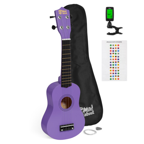 Mad About Purple Soprano Ukulele Starter Pack including a protective gig bag, clip-on digital tuner, spare strings, plectrum and colourful fretboard note stickers. Complete beginner ukulele set for children, students and first-time players.