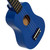 Close-up of the Mad About Blue soprano ukulele body with glossy finish, soundhole and bridge detail. Lightweight beginner ukulele fitted with carbon strings and designed for easy playability.