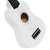Close-up of the Mad About White soprano ukulele body with glossy finish, soundhole and bridge detail. Lightweight beginner ukulele fitted with carbon strings and designed for easy playability.